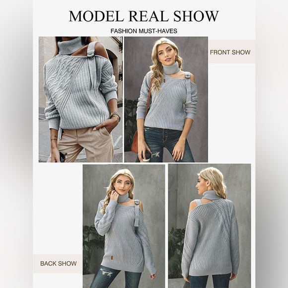 New - Gray Long Sleeve Off the Shoulder Turtleneck Knit Fall Sweater Small - Picture 3 of 11